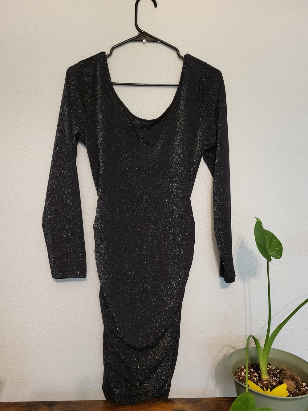 Black Sparkle Long-Sleeve Draped Bodycon Dress Size XL Wide Back